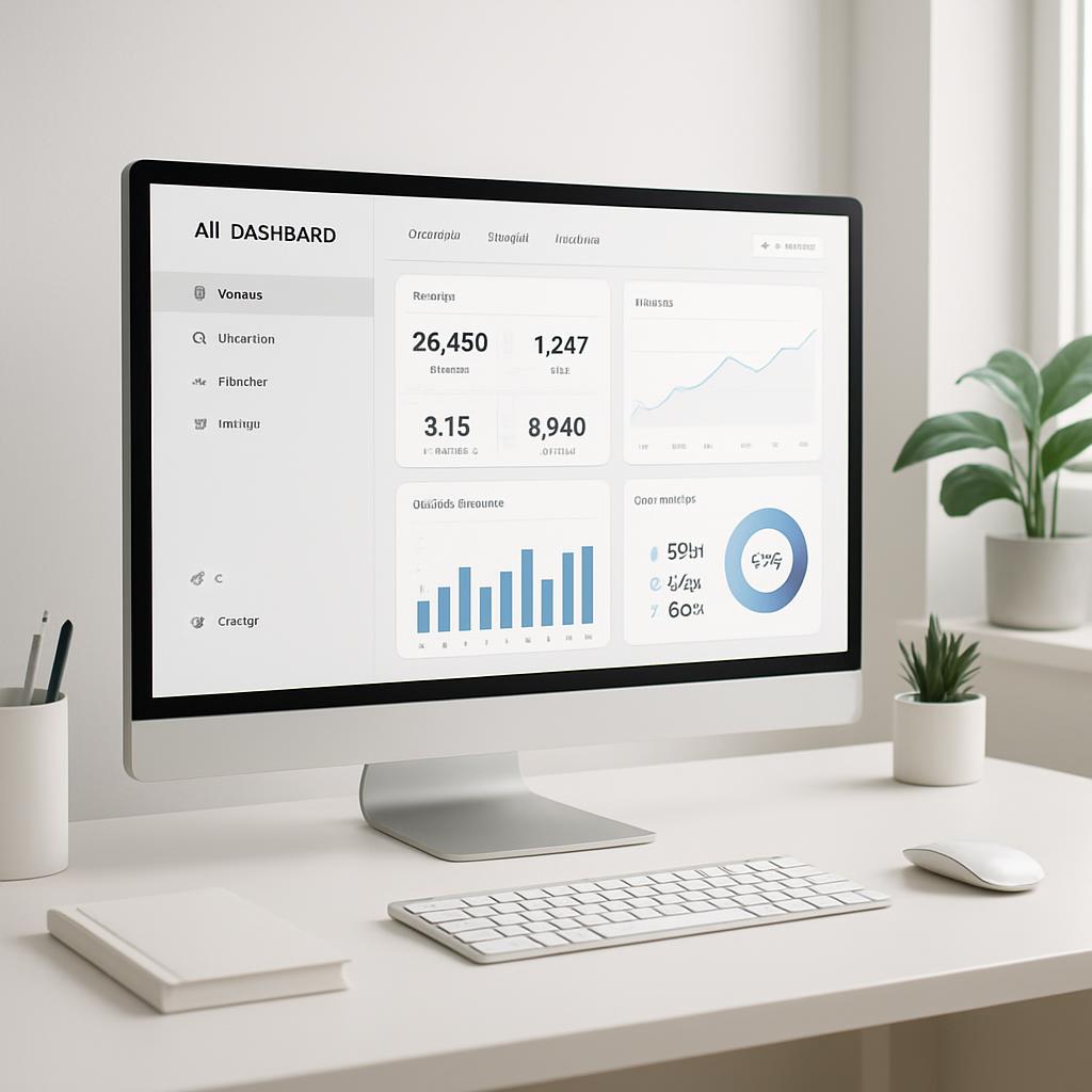 A desktop computer with a keyboard, mouse, plant, and speaker filled with data and analytics visualizations.