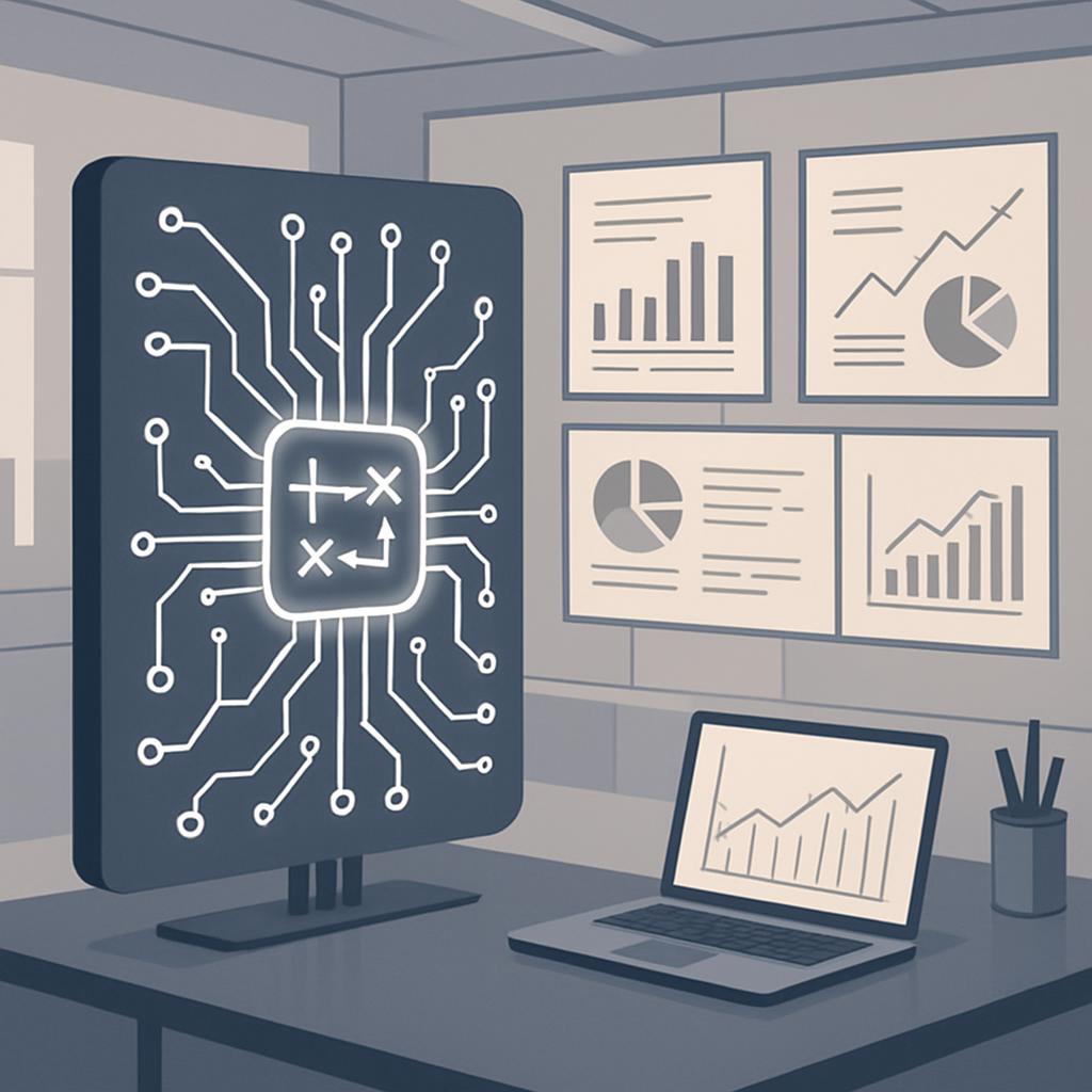 A workstation with a computer and monitor displaying math and graph symbols.