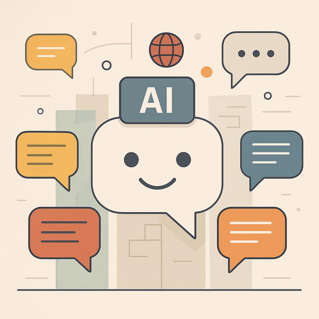 An illustration of a chatbot with various speech bubbles, featuring the letters 'AI', set against a light yellow background.